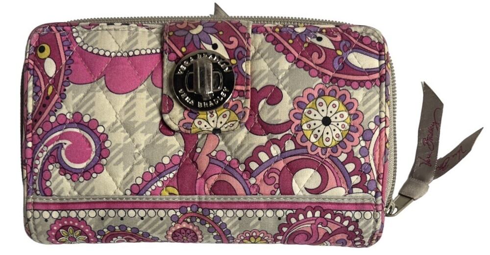 Vera Bradley Wallet Turn Lock Clutch Paisley Meets Plaid Pink Beige